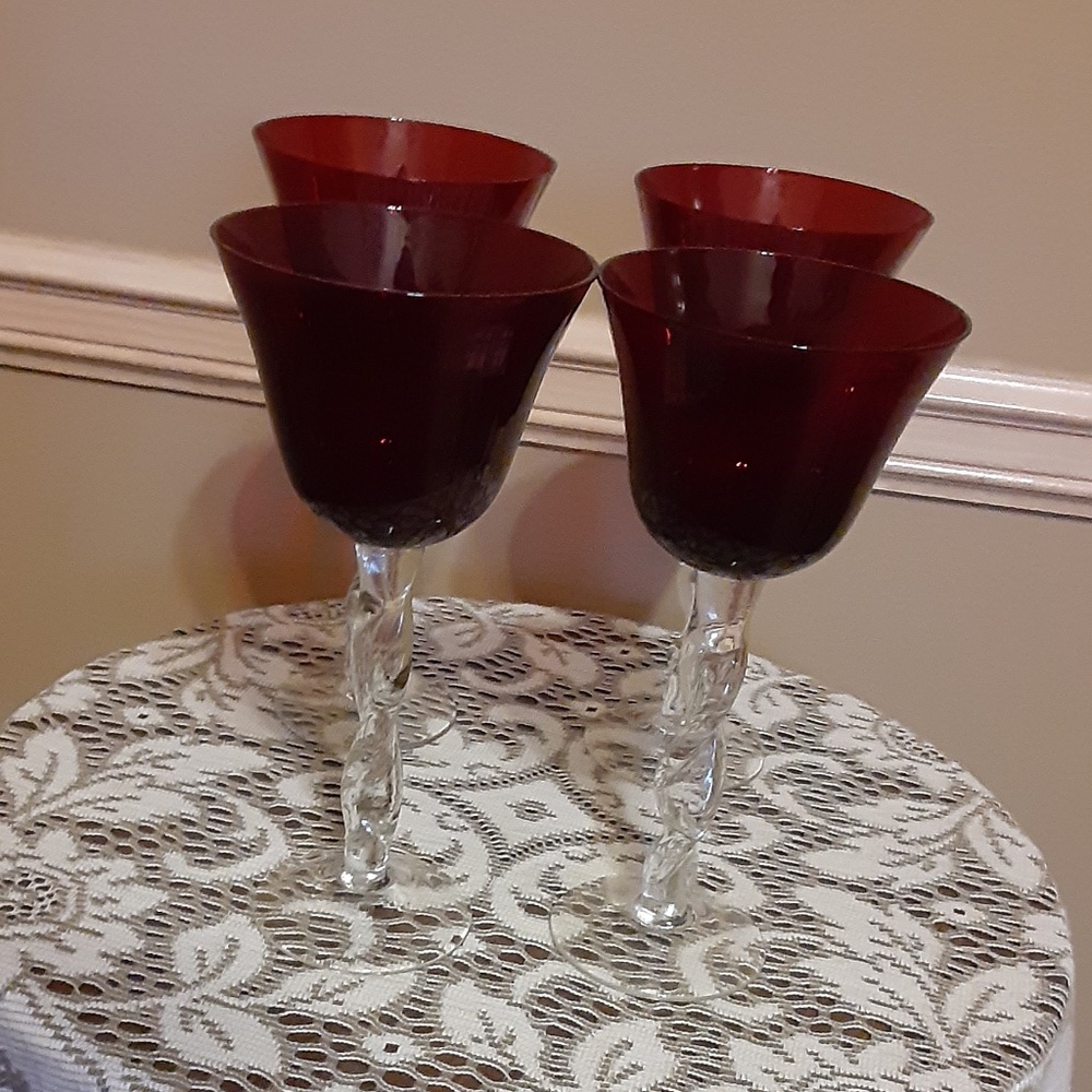 Four Ruby Red Crystal Wine Glasses